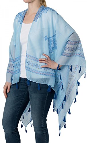 styleBREAKER Leichter Sommer Poncho mit Ethno Muster, Quasten, Strand, Boho Style, Damen 08010022, Farbe:Hellblau von styleBREAKER