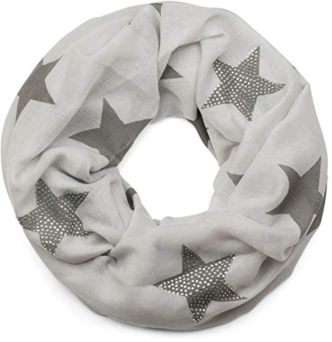 styleBREAKER Loop Schal mit Sterne Muster und edler Strass Applikation, Schlauchschal, Tuch, Damen 01018086, Farbe:Hellgrau-Grau (One Size) von styleBREAKER