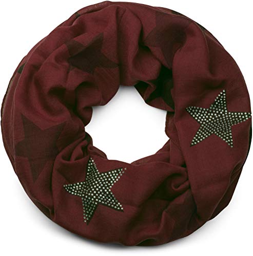 styleBREAKER Loop Schal mit Sterne Muster und edler Strass Applikation, Schlauchschal, Tuch, Damen 01018086, Farbe:Weinrot-Dunkelrot (One Size) von styleBREAKER
