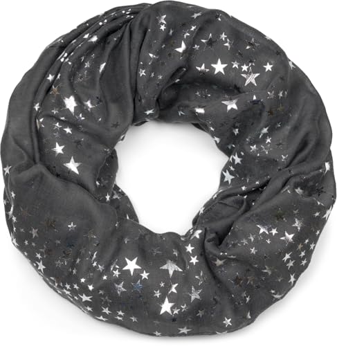 styleBREAKER Damen Loop Schal mit glitzerndem Metallic Sterne All Over Print Muster, Leichter Schlauchschal Einfarbig, Tuch 01016118, Farbe:Dunkelgrau von styleBREAKER