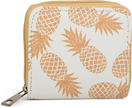 styleBREAKER Damen Mini Geldbörse mit Ananas Muster, umlaufender Reißverschluss, Portemonnaie 02040097, Farbe:Weiß-Orange von styleBREAKER