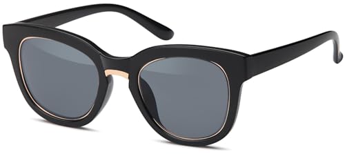 styleBREAKER Nerd Sonnenbrille mit breitem Kunststoff Rahmen und Metall umrandeten Oval Flachgläsern, Kunststoff Bügel, Damen 09020082, Farbe:Gestell Schwarz-Gold/Glas Grau getönt von styleBREAKER