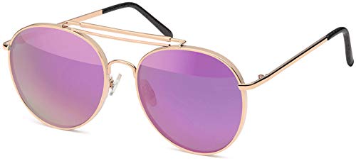 styleBREAKER Piloten Sonnenbrille mit dickem Metallrahmen, Doppel Metallsteg und Flachgläsern, Brille, Unisex 09020079, Farbe:Gestell Gold/Glas Pink verspiegelt von styleBREAKER