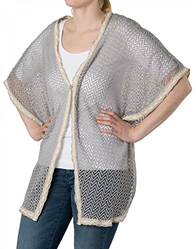 styleBREAKER Poncho in Häkeloptik mit Armausschnitten, Haken Verschluss, Borte, Sommer Weste, Damen 08010024, Farbe:Hellgrau-Creme von styleBREAKER