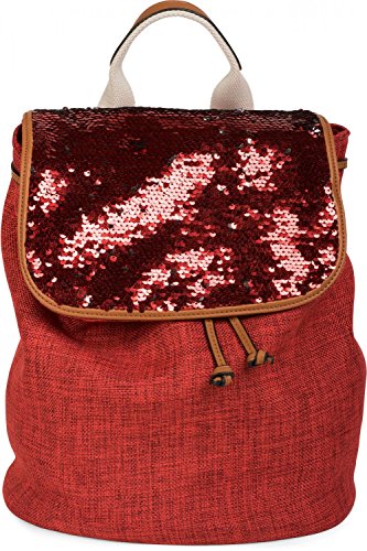 styleBREAKER Rucksack mit Pailletten besetztem Überschlag, Leinen Optik, Tasche, Damen 02012155, Farbe:Rot von styleBREAKER