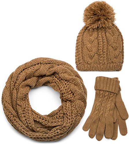 styleBREAKER Schal, Mütze und Handschuh Set, Zopfmuster Strickschal mit Bommelmütze und Handschuhe, Damen 01018208, Farbe::Cognac / Loop Schlauchschal (One Size) von styleBREAKER