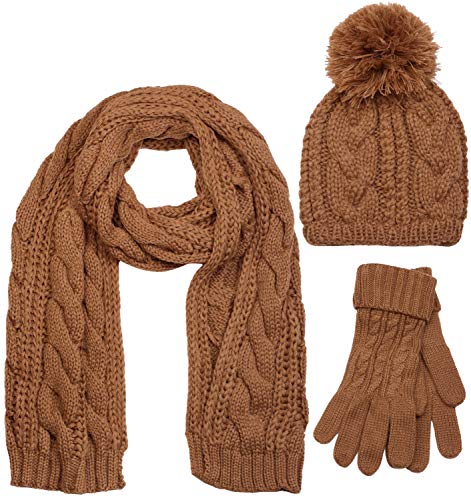 styleBREAKER Schal, Mütze und Handschuh Set, Zopfmuster Strickschal mit Bommelmütze und Handschuhe, Damen 01018208, Farbe::Cognac / Schal (One Size) von styleBREAKER