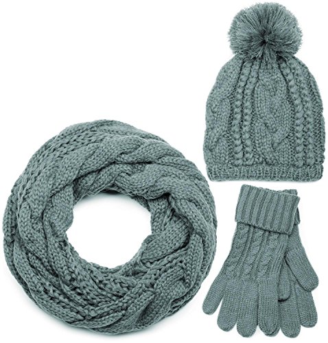 styleBREAKER Schal, Mütze und Handschuh Set, Zopfmuster Strickschal mit Bommelmütze und Handschuhe, Damen 01018208, Farbe::Grau / Loop Schlauchschal (One Size) von styleBREAKER