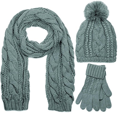 styleBREAKER Schal, Mütze und Handschuh Set, Zopfmuster Strickschal mit Bommelmütze und Handschuhe, Damen 01018208, Farbe::Grau / Schal (One Size) von styleBREAKER