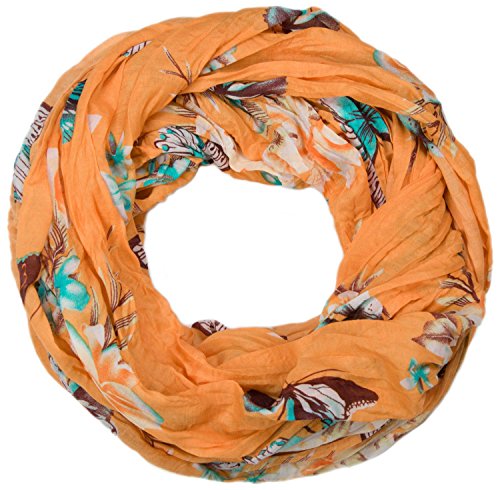 styleBREAKER Damen Loop Schlauchschal mit buntem Schmetterling und Blumen Print, Crash and Crinkle Schal, Tuch 01016013, Farbe:Orange von styleBREAKER