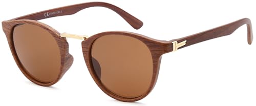 styleBREAKER Damen Panto Sonnenbrille in Holz Optik runde Gläser, Nasensteg aus Metall, Vollrand Kunststoff Gestell 09020083, Farbe:Gestell Braun-Gold/Glas Braun getönt von styleBREAKER