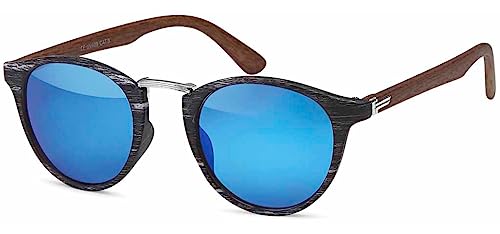 styleBREAKER Damen Panto Sonnenbrille in Holz Optik runde Gläser, Nasensteg aus Metall, Vollrand Kunststoff Gestell 09020083, Farbe:Gestell Schwarz-Silber/Glas Blau verspiegelt von styleBREAKER