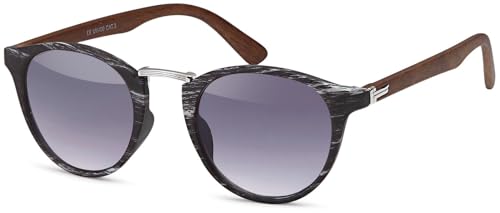 styleBREAKER Damen Panto Sonnenbrille in Holz Optik runde Gläser, Nasensteg aus Metall, Vollrand Kunststoff Gestell 09020083, Farbe:Gestell Schwarz-Silber/Glas Grau Verlauf von styleBREAKER