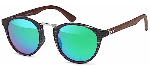 styleBREAKER Damen Panto Sonnenbrille in Holz Optik runde Gläser, Nasensteg aus Metall, Vollrand Kunststoff Gestell 09020083, Farbe:Gestell Schwarz-Silber/Glas Grün-Blau verspiegelt von styleBREAKER