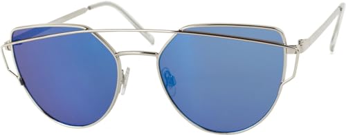 styleBREAKER Sonnenbrille mit Katzenaugen Cat Eye Gläsern und Doppelrahmen Bügel, Federscharnier, Damen 09020069, Farbe:Gestell Silber/Glas Blau verspiegelt von styleBREAKER