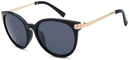 styleBREAKER Damen Sonnenbrille in Katzenaugen Cat-Eye Form, Kunststoff Vollrand Gestell und Metall Bügel 09020073, Farbe:Gestell Schwarz-Gold/Glas Grau getönt von styleBREAKER