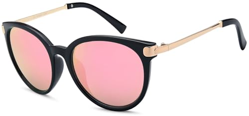 styleBREAKER Damen Sonnenbrille in Katzenaugen Cat-Eye Form, Kunststoff Vollrand Gestell und Metall Bügel 09020073, Farbe:Gestell Schwarz-Gold/Glas Pink verspiegelt von styleBREAKER