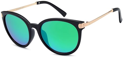 styleBREAKER Damen Sonnenbrille in Katzenaugen Cat-Eye Form, Kunststoff Vollrand Gestell und Metall Bügel 09020073, Farbe:Gestell Schwarz-Gold/Glas Blau-Grün verspiegelt von styleBREAKER