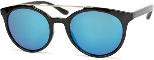 styleBREAKER Sonnenbrille mit runden Gläsern und kontrastfarbenen Nasen- und Verbindungssteg, Kunststoff-Metall-Gestell, Damen 09020072, Farbe:Gestell Schwarz-Gold/Glas Blau verspiegelt von styleBREAKER