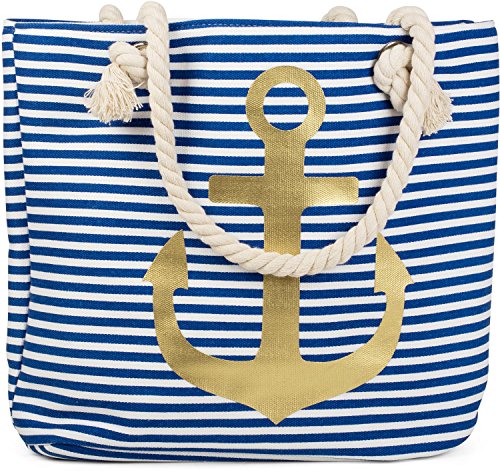 styleBREAKER Strandtasche in Streifen Optik mit Anker, Schultertasche, Shopper, Damen 02012038, Farbe:Blau-Weiß/Gold von styleBREAKER