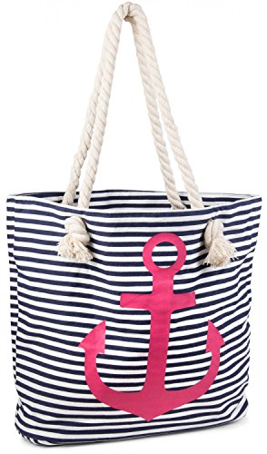 styleBREAKER Strandtasche in Streifen Optik mit Anker, Schultertasche, Shopper, Damen 02012038, Farbe:Marine-Weiß/Pink von styleBREAKER