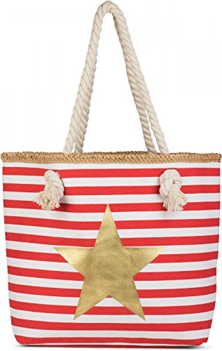 styleBREAKER Strandtasche mit maritimen Streifen Muster, Stern Print und Reißverschluss, Schultertasche, Shopper, Damen 02012169, Farbe:Rot-Weiß/Gold von styleBREAKER