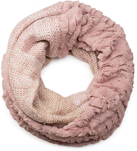 styleBREAKER Damen Strickloop Schlauchschal mit Streifen Wellen Muster, Schal mit Materialmix, Kunstfell Einsatz, Winter Strickschal 01018142, Farbe:Altrose-Beige von styleBREAKER