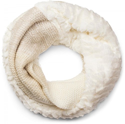 styleBREAKER Damen Strickloop Schlauchschal mit Streifen Wellen Muster, Schal mit Materialmix, Kunstfell Einsatz, Winter Strickschal 01018142, Farbe:Creme-Beige von styleBREAKER