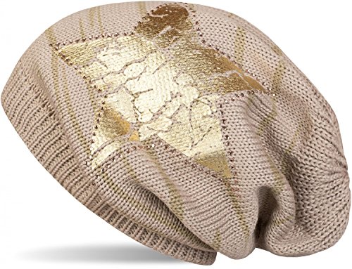 styleBREAKER Strick Beanie Mütze mit Vintage Stern Print und Strass Rand, Strickmütze mit Streifen Muster, Unisex 04024083, Farbe:Beige/Gold von styleBREAKER