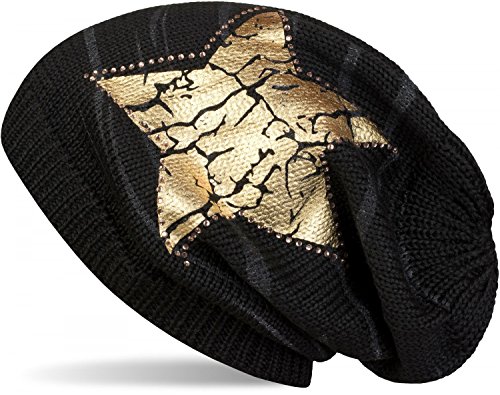 styleBREAKER Strick Beanie Mütze mit Vintage Stern Print und Strass Rand, Strickmütze mit Streifen Muster, Unisex 04024083, Farbe:Schwarz/Gold von styleBREAKER