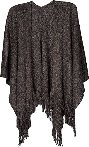 styleBREAKER Strick Cape mit Glitzerfäden und Fransen, Umhang, Poncho, Damen 08010045, Farbe:Dunkelbraun von styleBREAKER