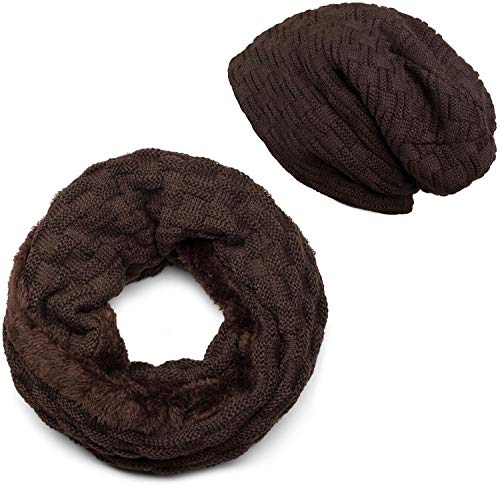 styleBREAKER Strick Loop Schal und Beanie Mütze Set mit Flecht Muster, Fleece Innenfutter, Winter, Unisex 01018211, Farbe:Dunkelbraun von styleBREAKER
