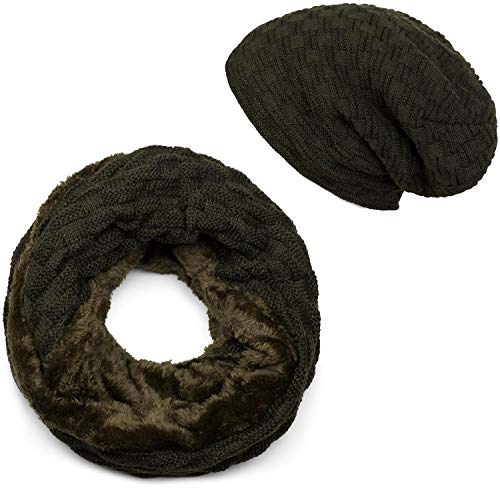 styleBREAKER Strick Loop Schal und Beanie Mütze Set mit Flecht Muster, Fleece Innenfutter, Winter, Unisex 01018211, Farbe:Tannengrün dunkel von styleBREAKER