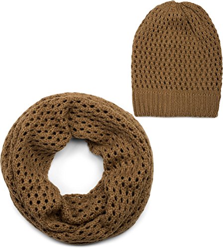 styleBREAKER Strick Loop Schal und Mütze Set, Loch Muster Strickschal mit Beanie Strickmütze, Winter, Unisex 01018210, Farbe:Cognac von styleBREAKER
