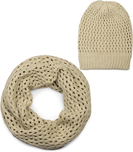 styleBREAKER Strick Loop Schal und Mütze Set, Loch Muster Strickschal mit Beanie Strickmütze, Winter, Unisex 01018210, Farbe:Creme-Beige von styleBREAKER