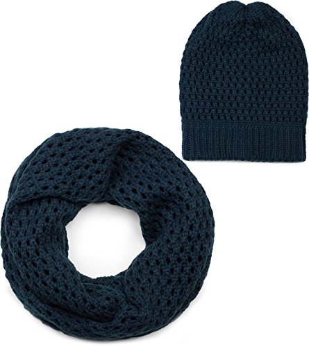 styleBREAKER Strick Loop Schal und Mütze Set, Loch Muster Strickschal mit Beanie Strickmütze, Winter, Unisex 01018210, Farbe:Dunkelblau von styleBREAKER