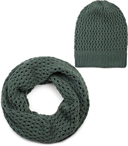 styleBREAKER Strick Loop Schal und Mütze Set, Loch Muster Strickschal mit Beanie Strickmütze, Winter, Unisex 01018210, Farbe:Dunkelgrau von styleBREAKER