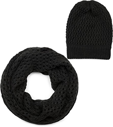 styleBREAKER Strick Loop Schal und Mütze Set, Loch Muster Strickschal mit Beanie Strickmütze, Winter, Unisex 01018210, Farbe:Schwarz von styleBREAKER