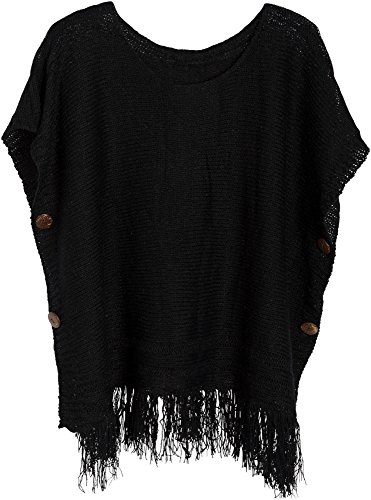 styleBREAKER Strick Poncho mit Ärmeln und Zierknöpfen in edlem Schimmer, Rundhals, Damen 08010017, Farbe:Schwarz von styleBREAKER