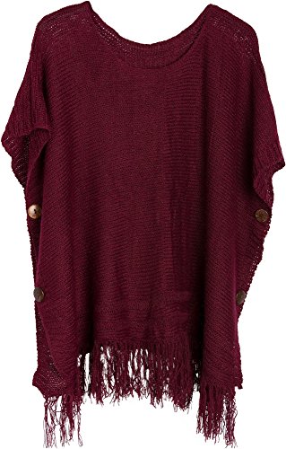 styleBREAKER Strick Poncho mit Ärmeln und Zierknöpfen in edlem Schimmer, Rundhals, Damen 08010017, Farbe:Weinrot von styleBREAKER