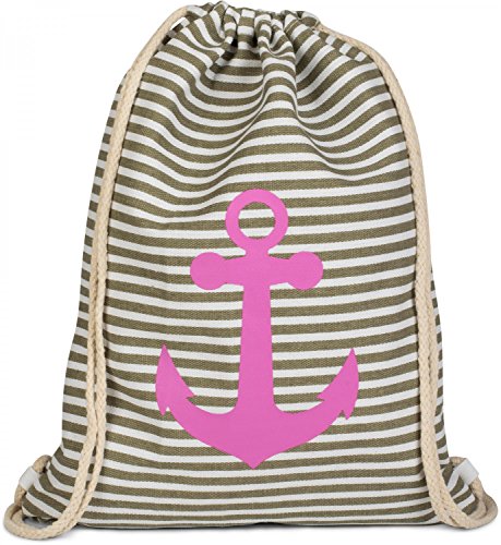 styleBREAKER Turnbeutel Rucksack im maritimen Design mit Streifen und Anker Print, Sportbeutel, Unisex 02012052, Farbe:Oliv-Weiß/Pink von styleBREAKER