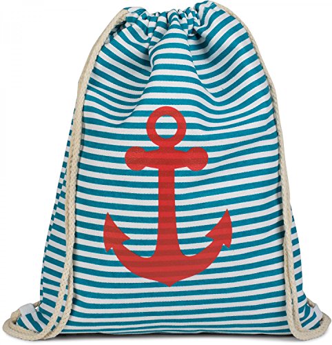 styleBREAKER Turnbeutel Rucksack im maritimen Design mit Streifen und Anker Print, Sportbeutel, Unisex 02012052, Farbe:Petrol-Weiß/Rot von styleBREAKER