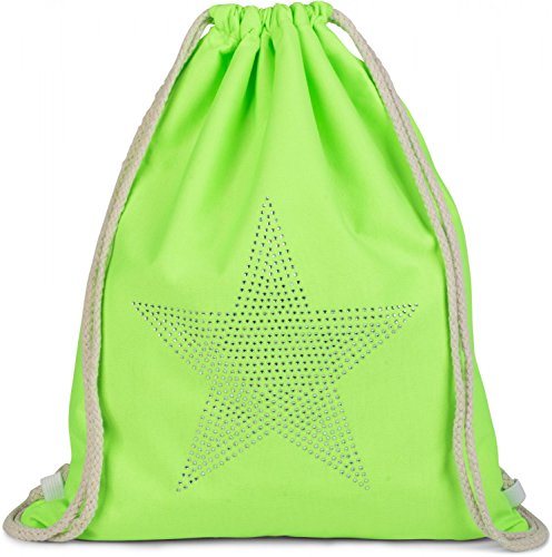 styleBREAKER Turnbeutel mit Strass Stern Applikation, Glitzerstein Rucksack, Beutel, Unisex 02012123, Farbe:Neongrün von styleBREAKER