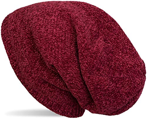 styleBREAKER Unisex Chenille Beanie Mütze einfarbig mit Fleece Futter, Winter Slouch Longbeanie 04024162, Farbe:Bordeaux-Rot von styleBREAKER