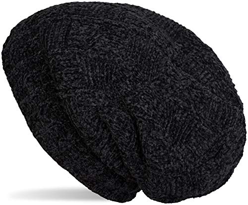 styleBREAKER Unisex Chenille Beanie Mütze mit Flecht Muster und Fleece Futter, Winter Slouch Longbeanie 04024159, Farbe:Schwarz von styleBREAKER