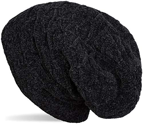 styleBREAKER Unisex Chenille Beanie Mütze mit Waben Strick Muster und Fleece Futter, Winter Slouch Longbeanie 04024160, Farbe:Schwarz von styleBREAKER