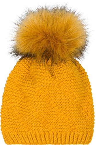 styleBREAKER Unisex Einfarbige Strick Bommelmütze fein gestrickt mit Fleece Futter, Winter Fellbommel Mütze 04024175, Farbe:Curry von styleBREAKER