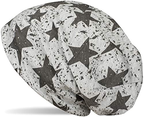 styleBREAKER Unisex Stoff Beanie Mütze mit Sterne Splat Style Print, Leichte Longbeanie mit Farbspitzer Muster 04024185, Farbe:Hellgrau meliert von styleBREAKER