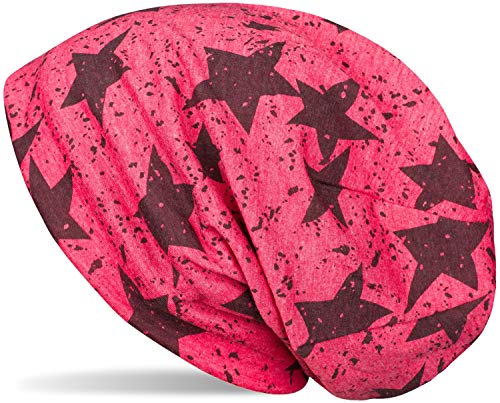 styleBREAKER Unisex Stoff Beanie Mütze mit Sterne Splat Style Print, Leichte Longbeanie mit Farbspitzer Muster 04024185, Farbe:Koralle meliert von styleBREAKER