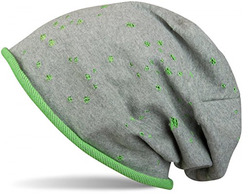 styleBREAKER Unisex Stoff Beanie Mütze mit Vintage Löcher und Rollrand im Destroyed Used Look, Longbeanie 04024052, Farbe:Grau-Limette von styleBREAKER